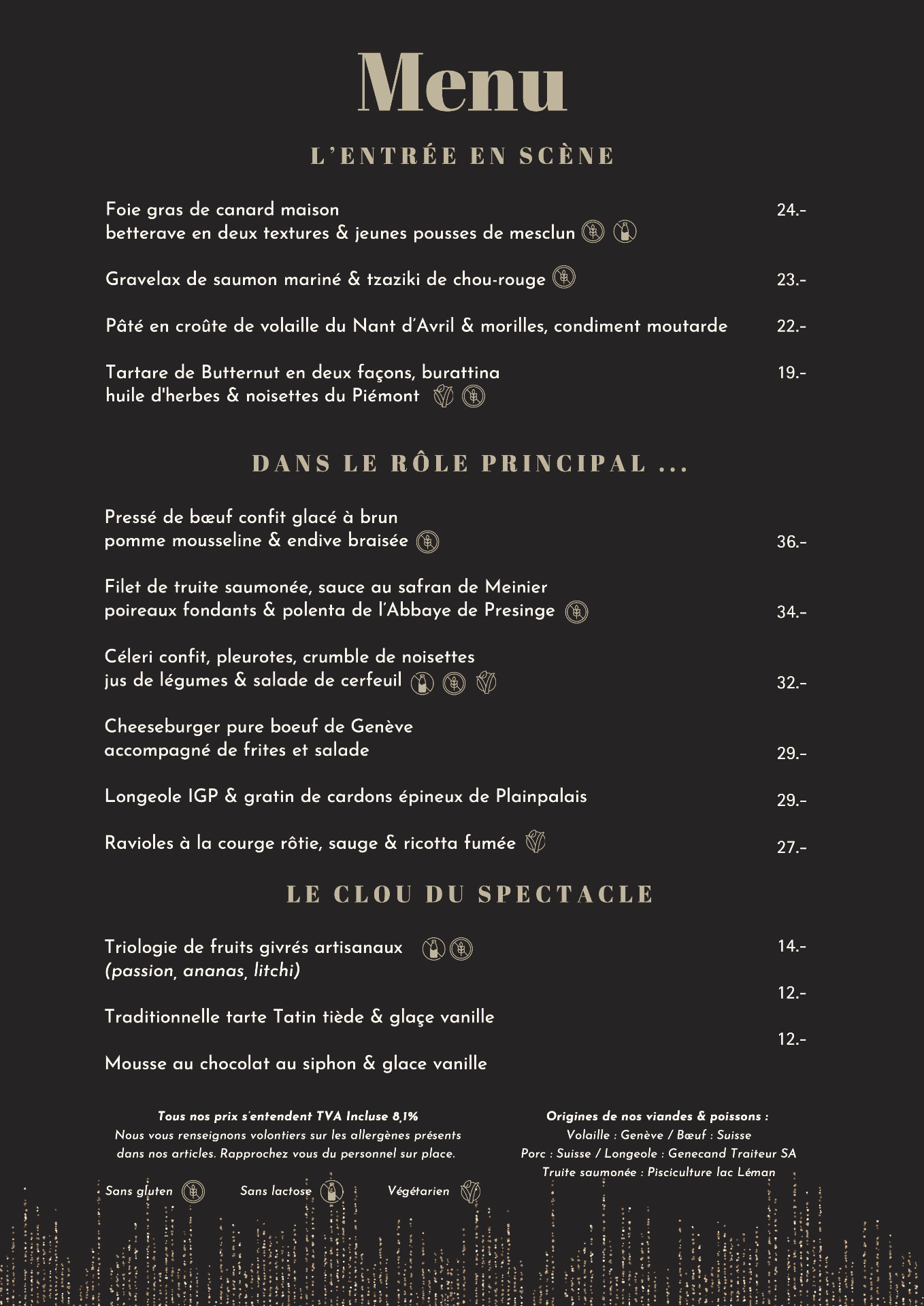 Carte du restaurant de La Revue Genevoise 2026 avec entrées, plats et desserts