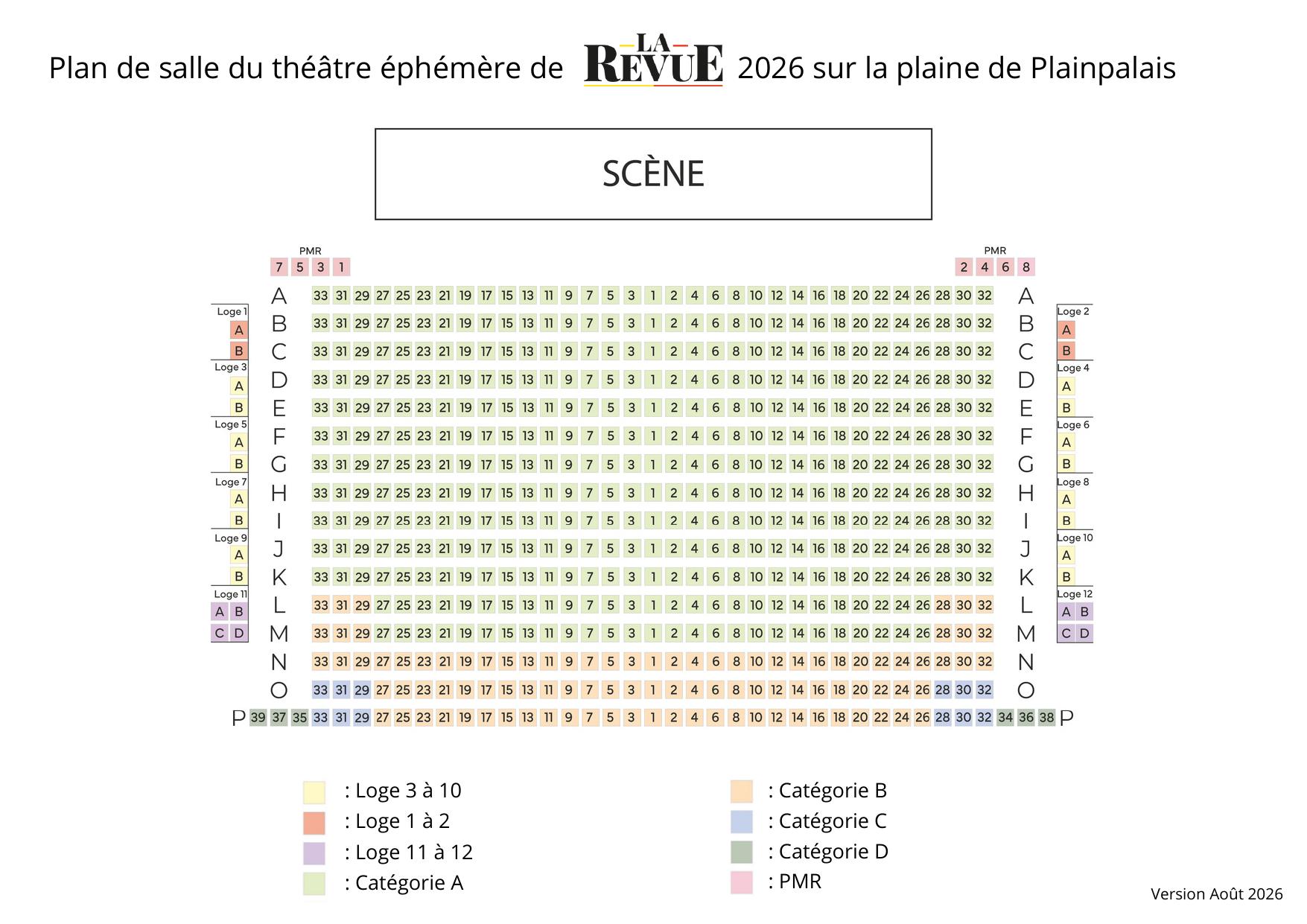 Plan de salle 2026 avec la scène, les rangées, les loges et les catégories de prix